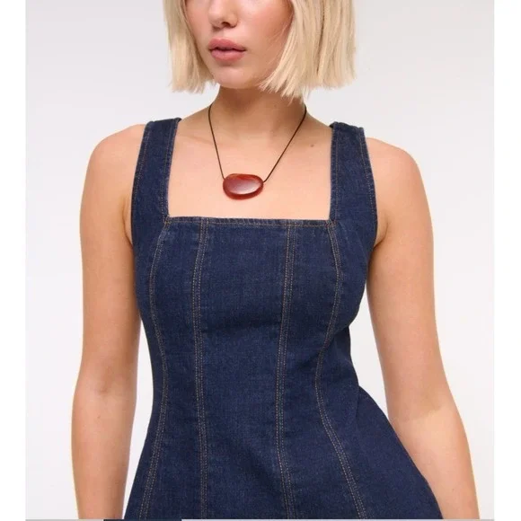 Abercrombie & Fitch Mila Dark Wash Denim Square Neck Mini Dress Size XL Tall - Picture 2 of 14